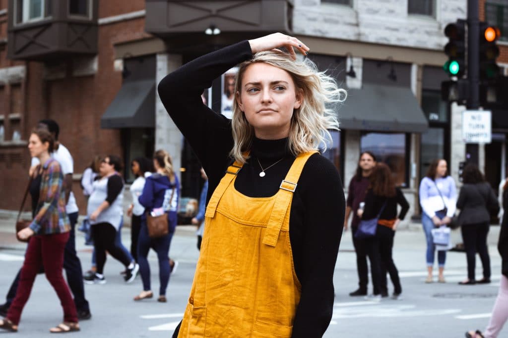 woman in yellow overalls